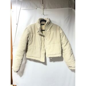 Say What? Womens Corduroy Puffer Jacket Cream Beige Cropped‎ Funnel Neck Large